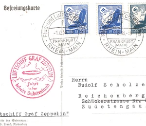GERMANY GRAF ZEPPELIN Air Mail Card SUDETENLAND Reichenberg 1938 KZ233 - Picture 1 of 10