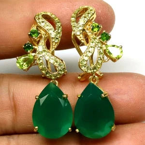 Pendientes De Ágata Verde, Peridoto Y Diopsido De Plata Esterlina 925 13 X 18 Mm - Imagen 1 de 4