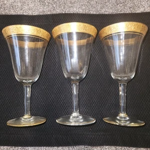 Set Of 3 Tiffin Franciscan Gold Gilded Crystal 'Rambler Rose' Wine Glasses *flaw - Picture 1 of 10