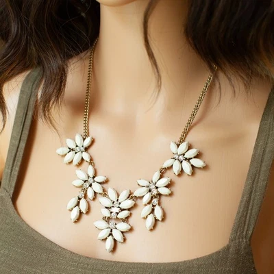 J. Crew Ivory Color Marquis Petals Clear Rhinestones Brass Statement Necklace - Image 1 of 4