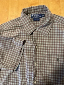 VTG Polo Ralph Lauren Adams Shirt Mens Sm Tan Plaid Black Pony Loop Collar - Picture 1 of 7