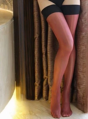 MISS FISHER'S EMPORIUM Burgundy Red Semi Opaque 30 Denier Hi Gloss, Black Top Thigh High Stockings