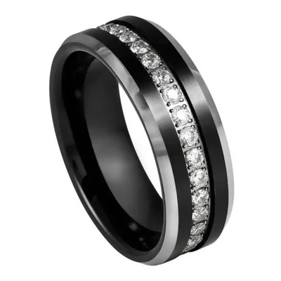 Anillo de tungsteno negro de 8 mm con circonita blanca eternidad y borde biselado Foto 1 de 3