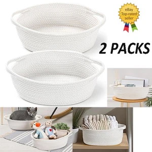 2Pack Small Woven Basket with Handles Cotton Rope Room Shelf Storage Basket Cut* - Picture 1 of 9