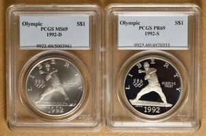 1992 Unc & Proof Olympics Commemorative Silver Dollars PCGS MS69 & PR69 - Picture 1 of 2