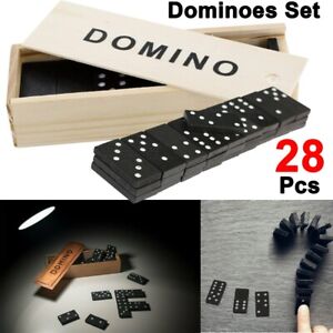  28Pc Wooden Dominoes Toy Box Classic Set Kids Game Black/White Dots Board Game