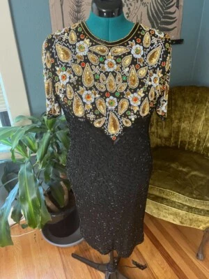 Vestido vintage años 90 con cuentas dorado, multicolor, blanco y negro Foto 1 de 4