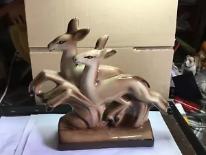 Vintage Large Art Deco Pottery Figurine Of Two Deer 9 1/2" High 11" Long  - Picture 1 of 7