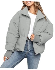 Women's 2024 Winter Long Sleeve Zip Puffer Jacket Pockets Baggy Medium Grey - Picture 1 of 7