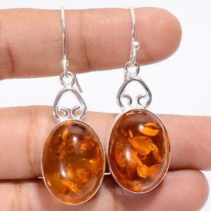 Lab Created Baltic Amber Gemstone 925 Silver Handmade Earrings 1.9" ARE-3119 - Picture 1 of 3