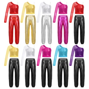 Kids Girl's Dance Outfit Latin Tracksuit Gym Crop Top With Pants Stage Sheer - Picture 1 of 87