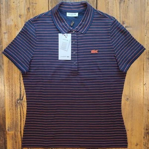 Women's Lacoste Marine/Nevada Striped Slim Short Sleeve Fit Polo Size EU40 UK12 - Picture 1 of 5