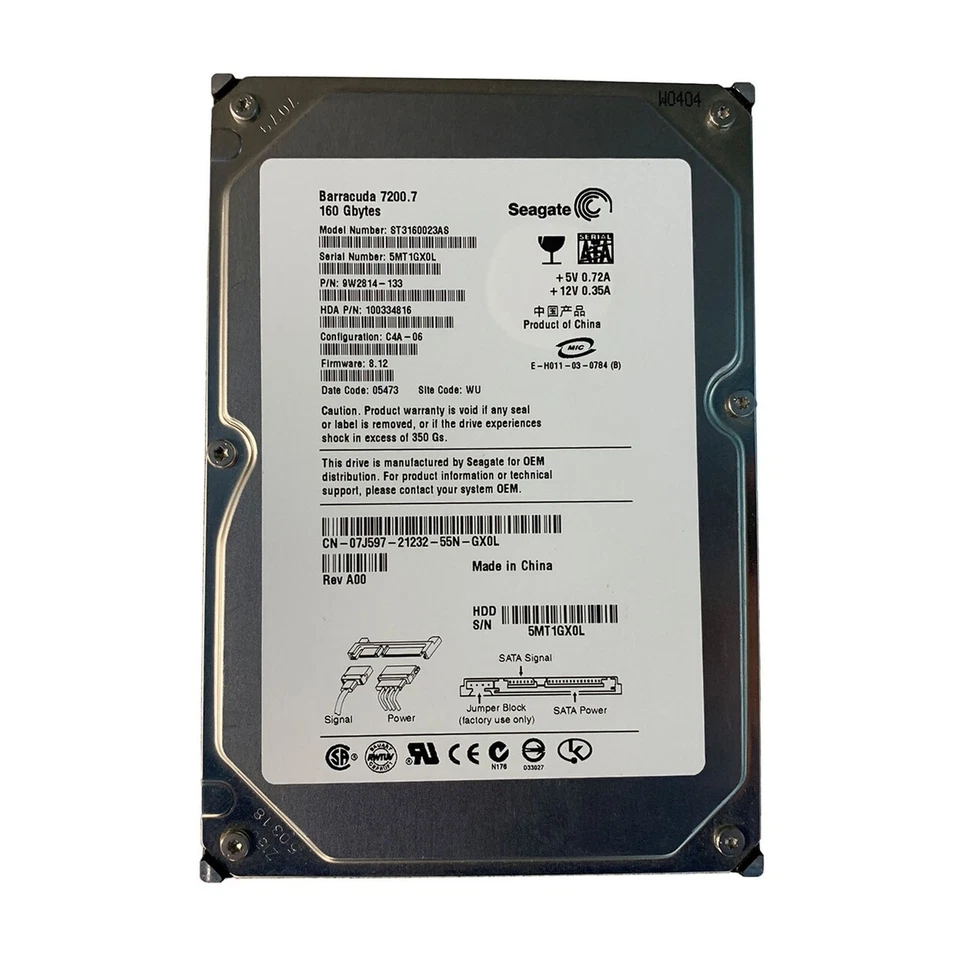 Dell 7J597 160GB SATA 7.2K 1.5GBPS 3.5" Drive 9W2814-133 ST3160023AS - Image 1 of 1