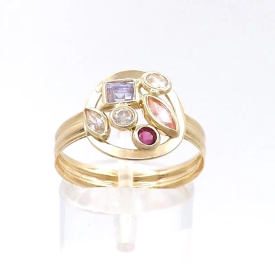 Conjunto de bisel de anillo de piedras preciosas rosa púrpura oro 18k macizo racimo 750 Italia Foto 1 de 4