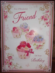 VENTA HECHA A MANO TARJETA DE CUMPLEAÑOS AMIGO CON DULCES PASTELES DE HADAS FLORALES EN ROSA - Imagen 1 de 6