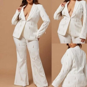 Weißer Damen Anzug Mode Handarbeit Schwere Arbeit Perlendekoration Frühling Blazer - Bild 1 von 11
