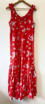 Hilo Hattie Red Floral Hawaiian Maxi Tiered Ruffle Dress Strapless Medium - Image 1 of 4