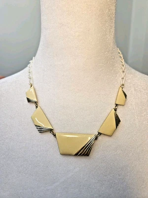 Vintage Necklace Art Deco Enamel Cream And Gold White Chain Gold Tone  - Image 1 of 4