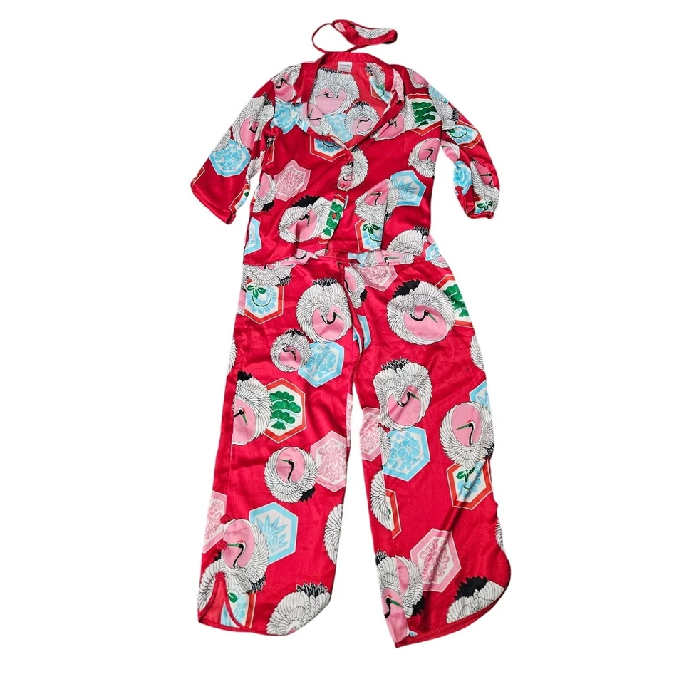 Juego de 3 piezas de pijama Josie Natori XS máscara de ojos rojo floral sedoso salón glamour  Foto 1 de 4