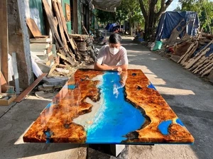 Blue Epoxy Sea Resin Dining Table Coastal Inspired Acacia Wood Handmade Art Deco - Picture 1 of 14