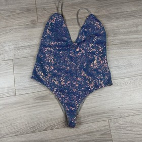 For Love And Lemons Skivvies Opal Low Plunge High Cut Sequin Bodysuit Size L  