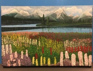 Vintage Oil Painting Floral Lake Mountain Scenic Eliza Signed Canvas - Picture 1 of 7