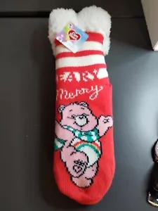 Care Bears Beary Merry Slipper Socks Long Fuzzy Soft Shoe Size 4to10 Pinkish Red - Picture 1 of 1