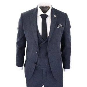 Abito in tweed da uomo 3 pezzi blu spina di pesce doppio girovita classico vintage - Foto 1 di 7