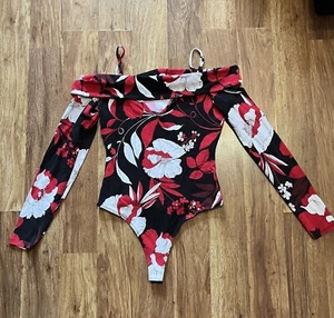 Guess Floral Off the Shoulder Bodysuit Size XS Swoop Neck Bodycon - Picture 1 of 12
