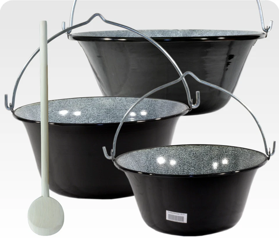 MARKENLOS 20l, 25l, 30l, 40l, 50 Liter Gulaschkessel emailliert + Holzlöffel + 5 Rezepte!