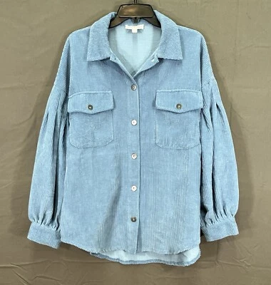 SHE+SKY Mujer AZUL SÓLIDO Pana 2 Bolsillos Abotonable CAMISA CHAQUETA Talla S Foto 1 de 4