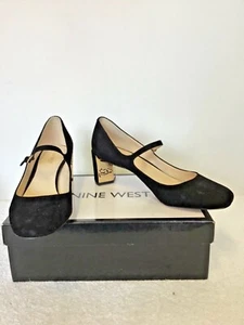 BNIB NINE WEST BLACK SUEDE MARY JANE GOLD TRIM HEELS SIZE 7/40 COST £95.00 - Picture 1 of 6