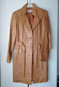 UK 10 Outer Edge Camel Beige Nude Leather Coat Jacket Trench Vintage Vgc - Picture 1 of 13