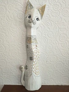 50cm Shabby sexy Cute Cat Wooden Hand Carved Statue Ornament Fair Trade White - Picture 1 of 5