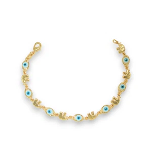 Blue Evil Eye, Elephant Gold Plated Protection Bracelet, 7.5 inch - For Her - Picture 1 of 12
