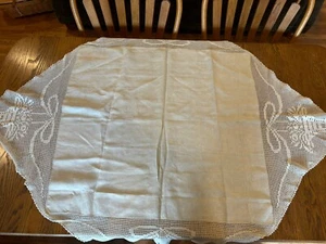 Vintage Beige 30.5x32.5” Square Linen Tablecloth With 11.5”Crocheted Drop Edges - Picture 1 of 9