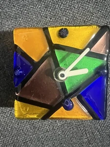 Fused Glass Wall Clock Battery OOAK Bright Metallic Colors 3.5x3.5" Square - Picture 1 of 5