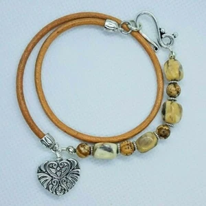 River Jasper Gemstone & Light Brown Leather Cord 2X Wrap Bracelet Heart Charm - Picture 1 of 5