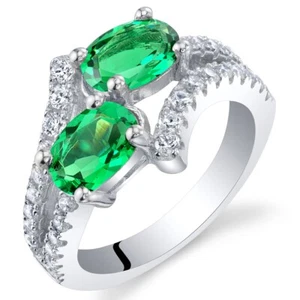 Anillo de dos piedras de plata de ley esmeralda simulada tamaños 5 a 9 - Imagen 1 de 2