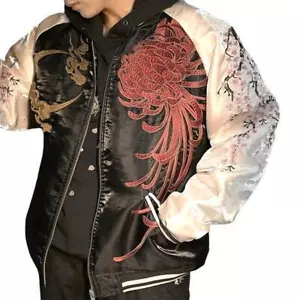 Mens Souvenir Jacket Sukajan Reversible Japanese Pattern Embroidery Myth Kirin - Picture 1 of 21