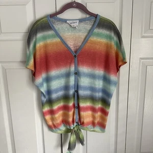 For The Republic Button Up Tie Front Rainbow Stripe Top Womens Sz M Beachy Boho - Picture 1 of 7