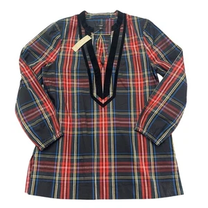 J. Crew Shirt Women's Sz XS Black Plaid Velvet Trim Tunic Blouse Long Sleeve New - Picture 1 of 11