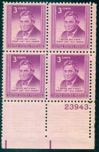 SCOTT # 975 PLATE BLOCK, WILL ROGERS, MINT, OG, NH, GREAT PRICE! - Picture 1 of 1