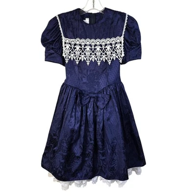 Jessica McClintock Gunne Sax Dress Girls 10 Navy Patterned Satin White Lace 90s - Image 1 of 4
