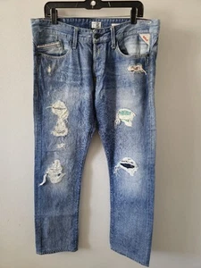 Replay Waitom Mens Distressed Jeans Fiber Patchwork Accent Measure W36xL30" 0409 - Picture 1 of 24