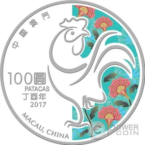 ROOSTER Lunar Year 5 Oz Silver Proof Coin 100 Patacas Macao Macau 2017 - Imagen 1 de 2