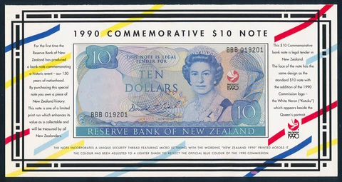 New Zealand: 1990 $10 150th Anniversary PREFIX "BBB" FOLDER. Pick 176 UNC Scarce Cover