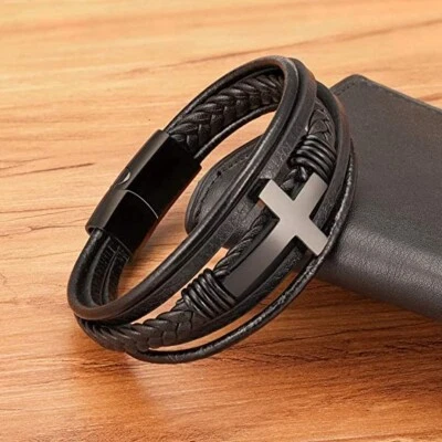 Men's Cross Braided Bracelet Leather Cuff Bracelet Bangle Magnetic Clasp Cross - Image 1 of 4