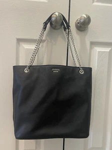 Guess Women's Logo Debossed Chain Handle Satchel Tote Bag Handbag - Black - Picture 1 of 7