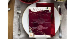 Personalised Burgundy & Gold Wedding Christening Birthday Party Menu Cards - Picture 1 of 4